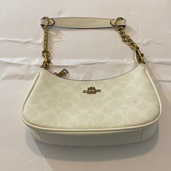 Coach Handbags - Coach White & Soft Grey Signature Teri Leather Shoulder Bag with Gold Hardware